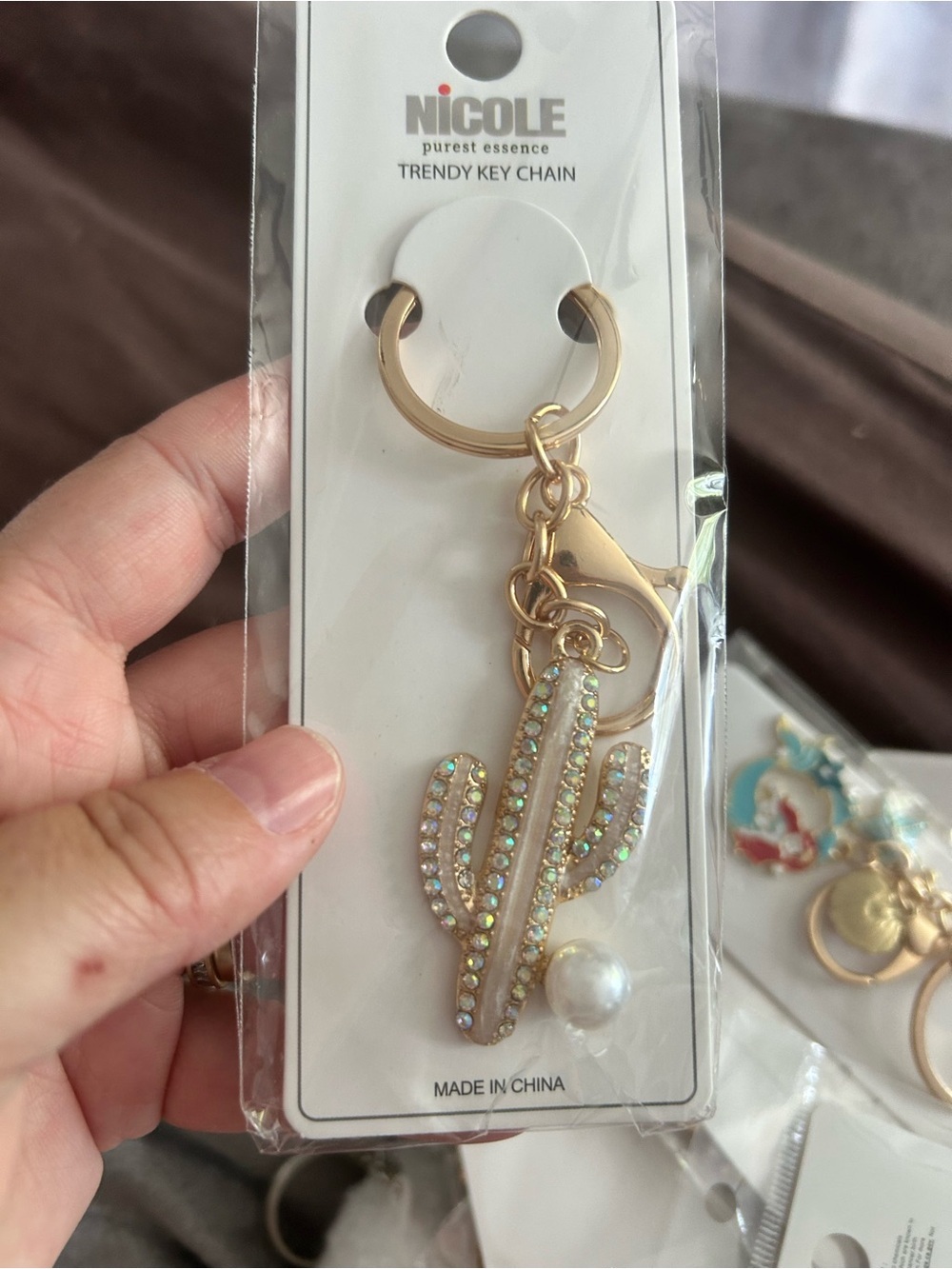 4/$50 Nicole Gold Cactus Keychain with Iridescent Crystals and Pearl
